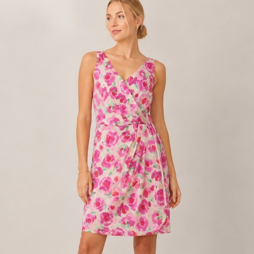 Adelyn Rae Women Floral Faux Wrap Dress Pink Green Watercolor Size S NWOT